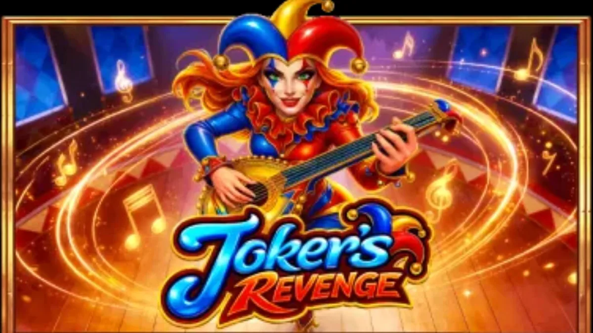 Tampilan visual slot Joker’s Revenge dengan tema harlequin yang meriah